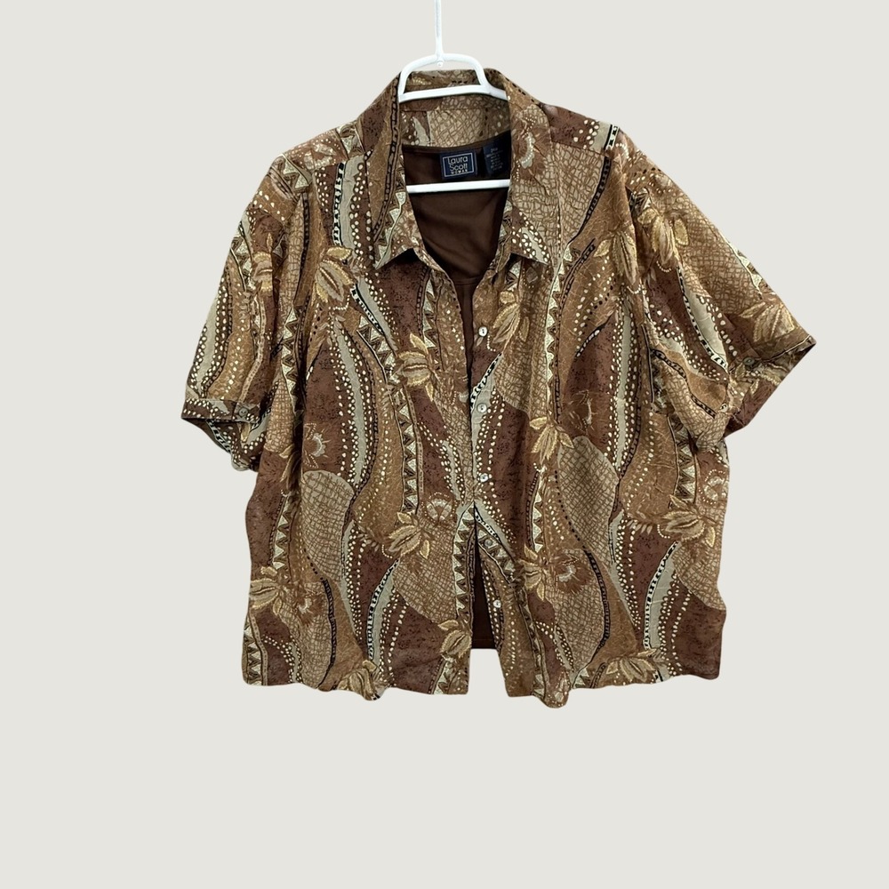 Laura Scott Woman 24W Brown Abstract Print Sheer Shirt and Tank 2 Piece Set